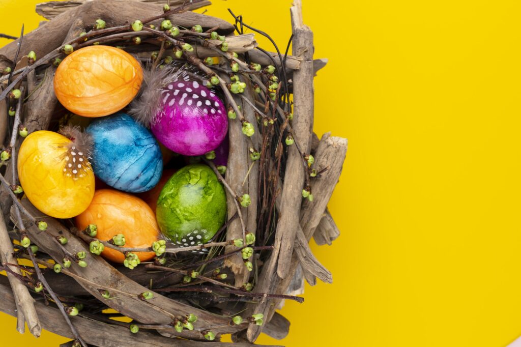 Easter eggs in the nest. Easter greeting card.